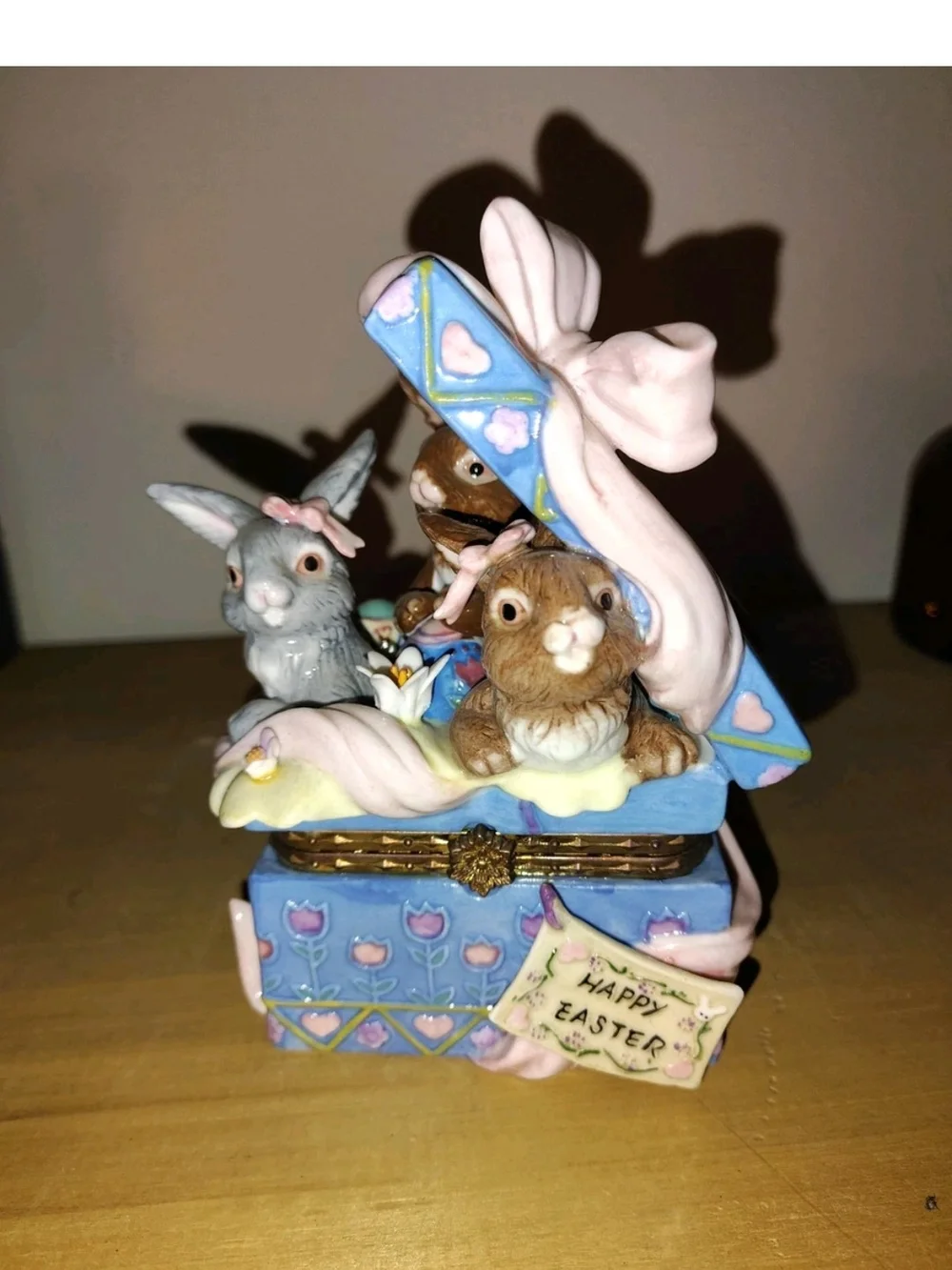Easter Bunny Music Box Figurine - Pastel Blue and Pink